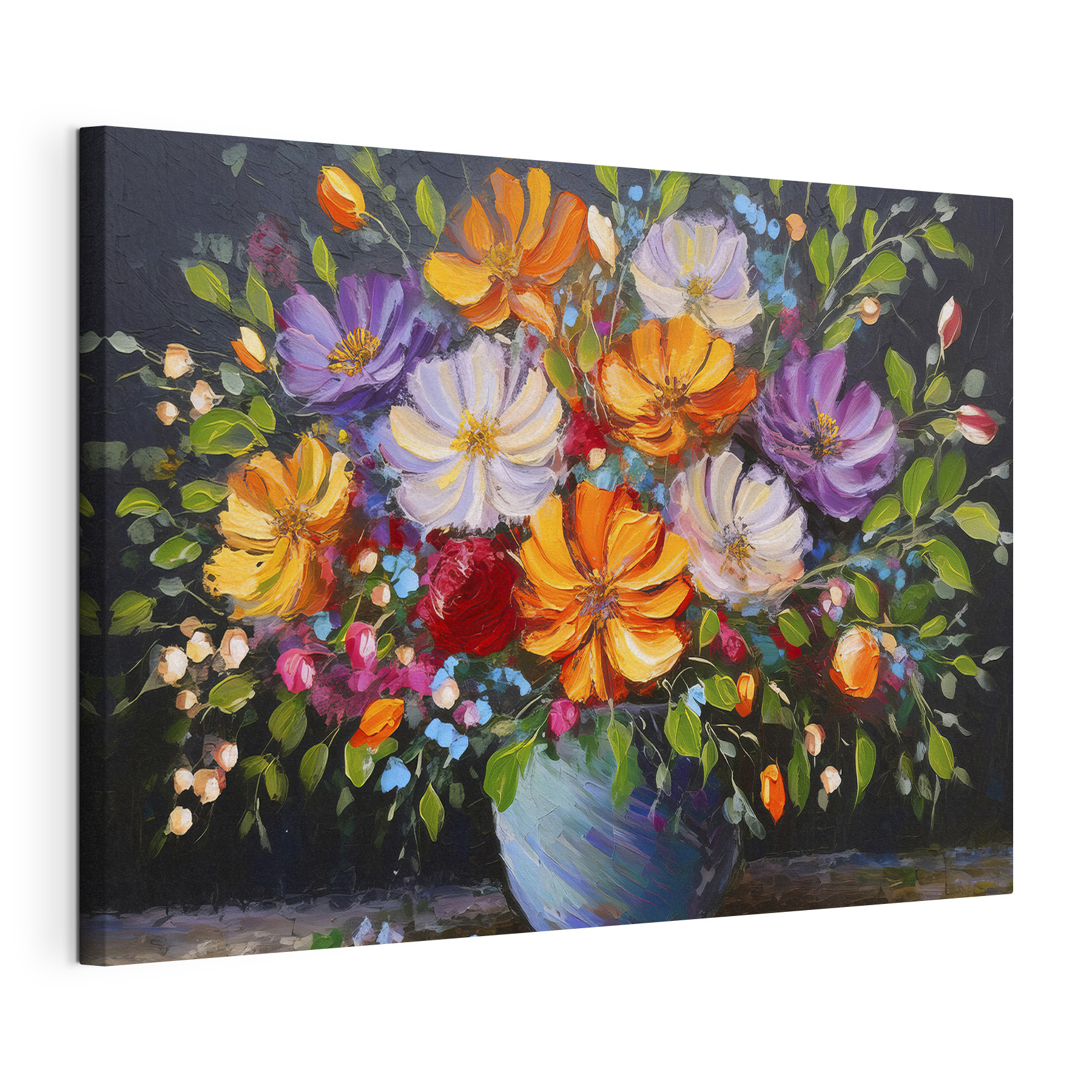 A painting of flowers in a blue vase