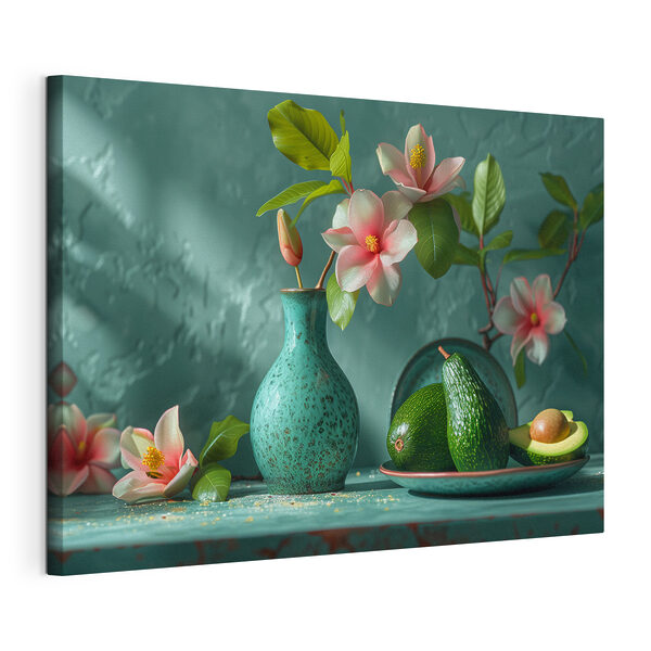 Cuadros Un jarrón con flores y unos aguacates en un plato (SKU: s38687) Cuadros Cuadros Un jarrón con flores y unos aguacates en un plato (SKU: s38687)