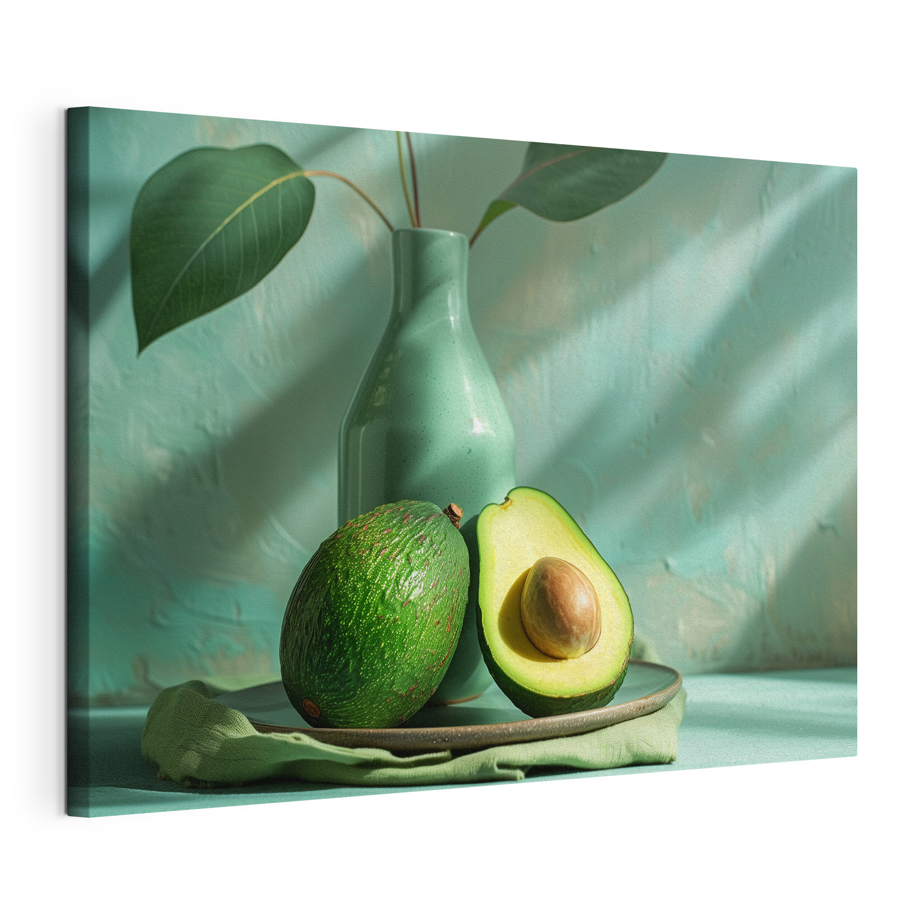 A plate with avocado and a vase on it A plate with avocado and a vase on it