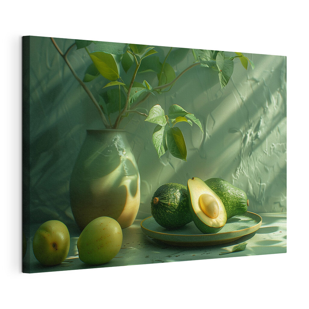 A plate of avocados and a vase of fruit A plate of avocados and a vase of fruit