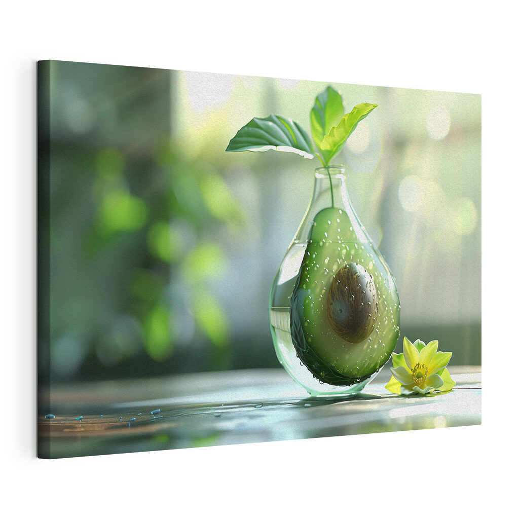 A glass vase with a cut avocado inside A glass vase with a cut avocado inside