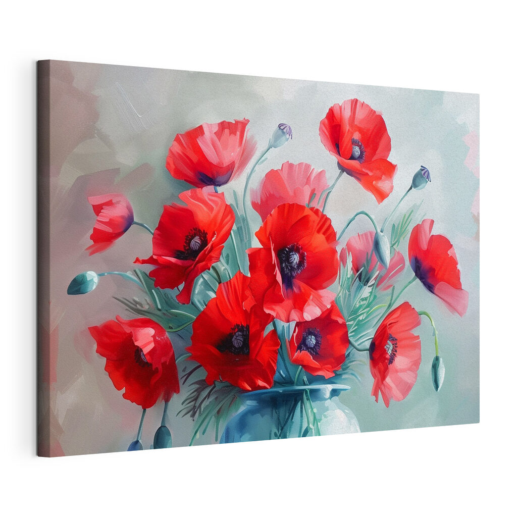 A painting of red flowers in a vase A painting of red flowers in a vase