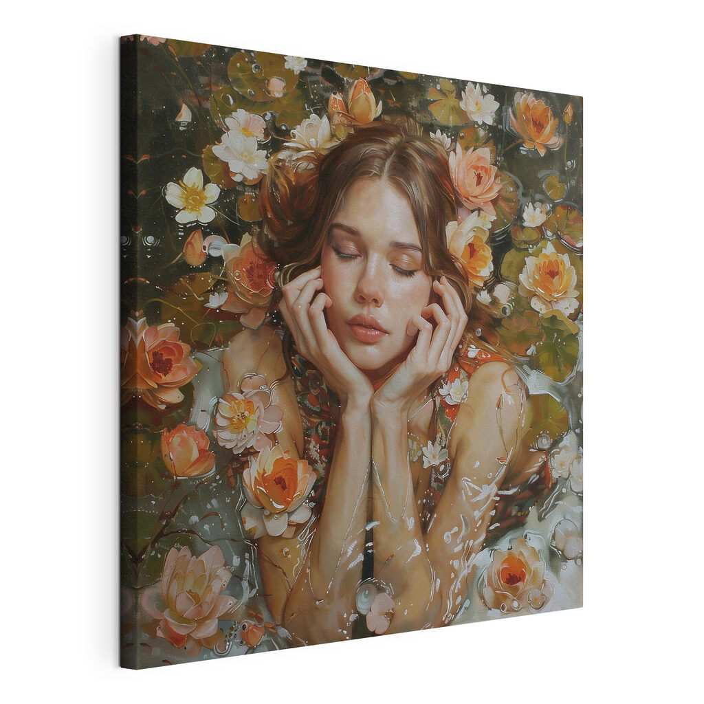 A painting of a woman lying in water with flowers A painting of a woman lying in water with flowers