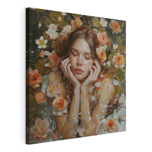 Cuadros Un cuadro en el que aparece una mujer tumbada en el agua rodeada de flores (SKU: s38716) Cuadros Cuadros Un cuadro en el que aparece una mujer tumbada en el agua rodeada de flores (SKU: s38716)