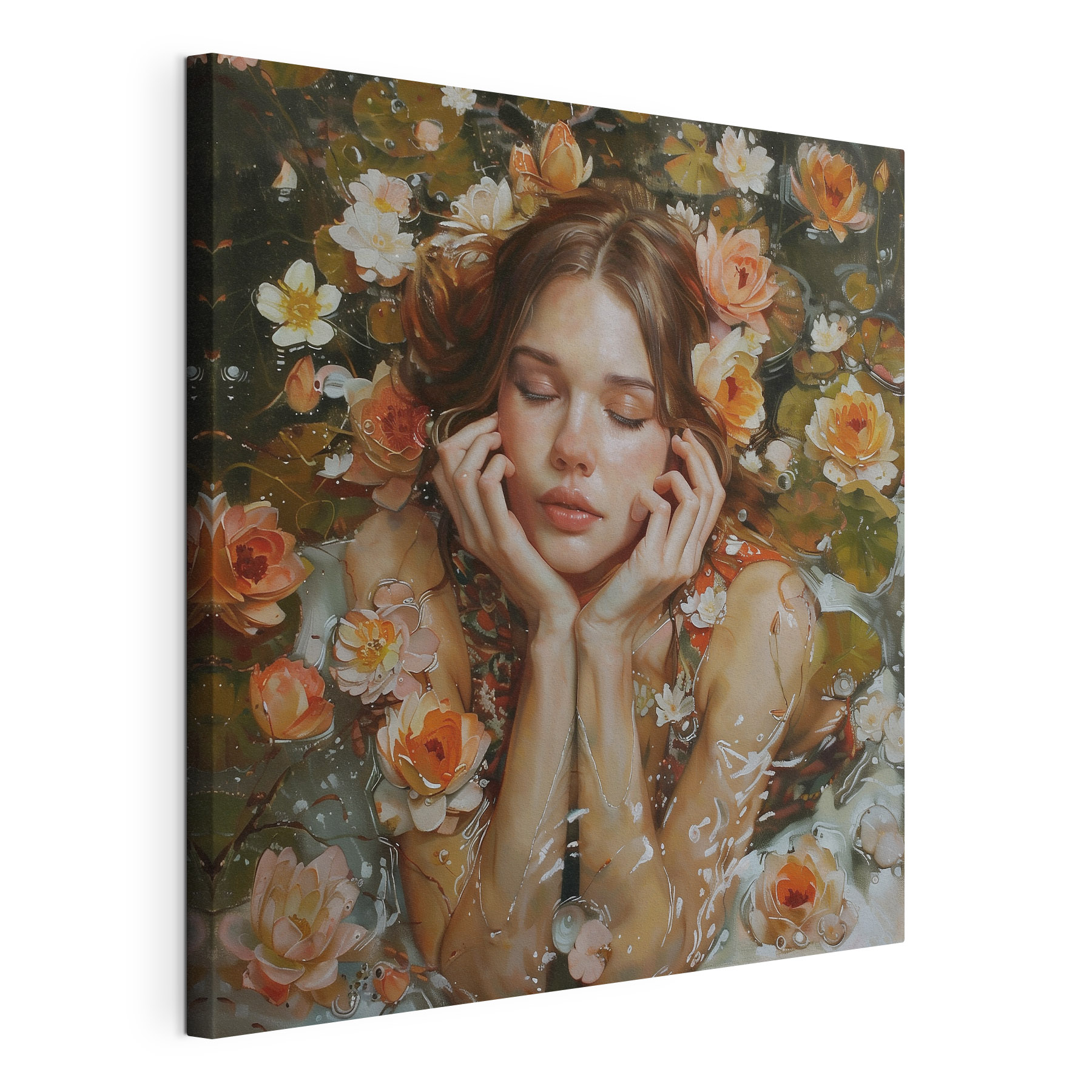 A painting of a woman lying in water with flowers A painting of a woman lying in water with flowers