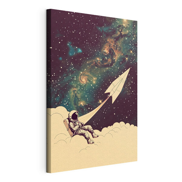 Cuadros Un astronauta sentado en una nube con un avión de papel en el cielo (SKU: s38743) Cuadros Cuadros Un astronauta sentado en una nube con un avión de papel en el cielo (SKU: s38743)