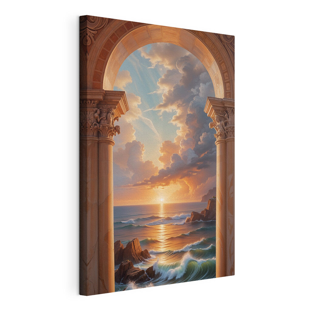 A view of the ocean from a stone archway