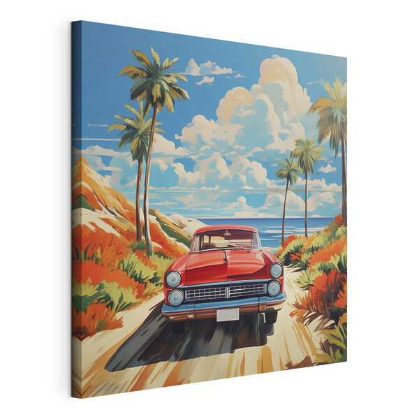 Un coche en un camino de tierra con palmeras y una playa Cuadros Un coche en un camino de tierra con palmeras y una playa