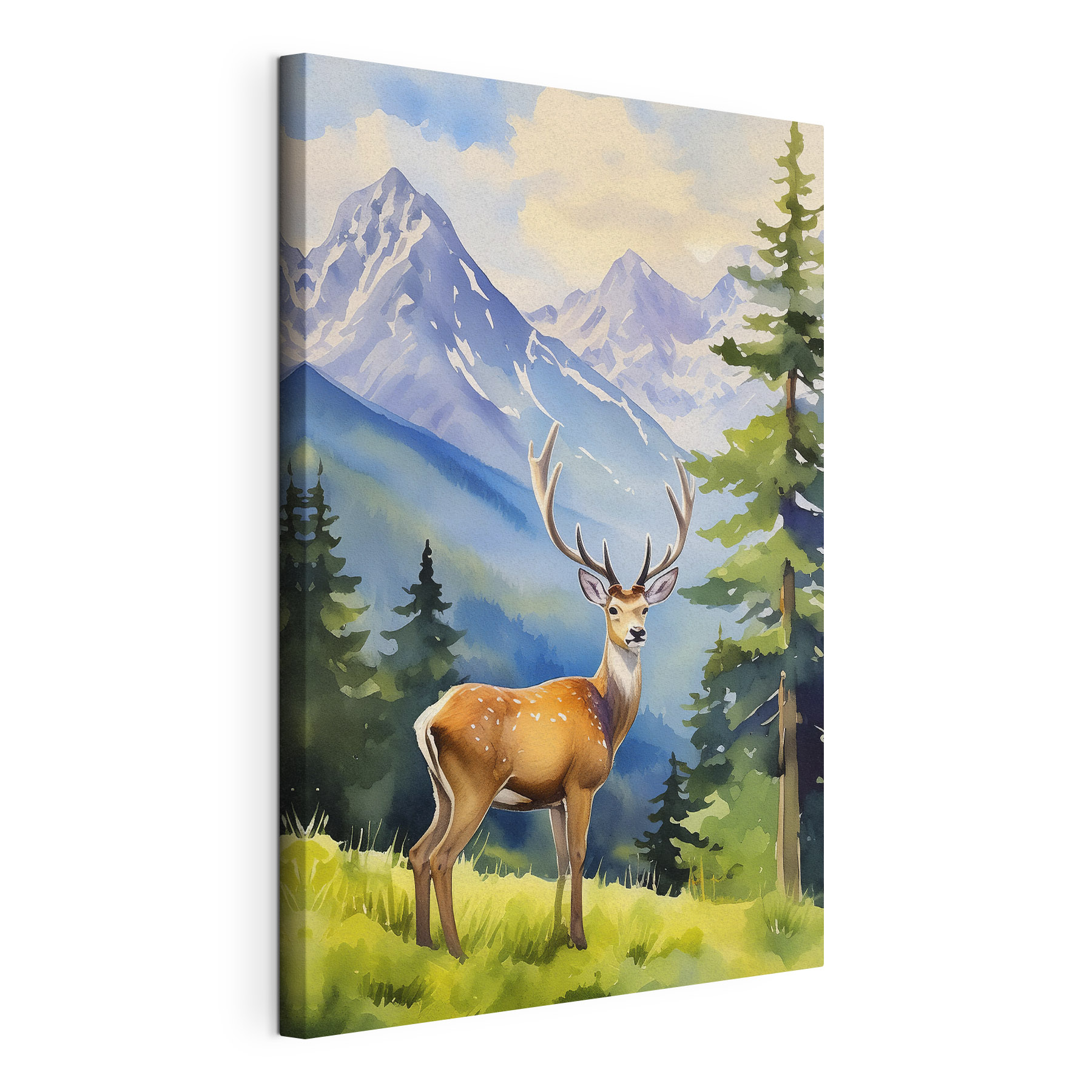 A watercolor of a deer in a forest