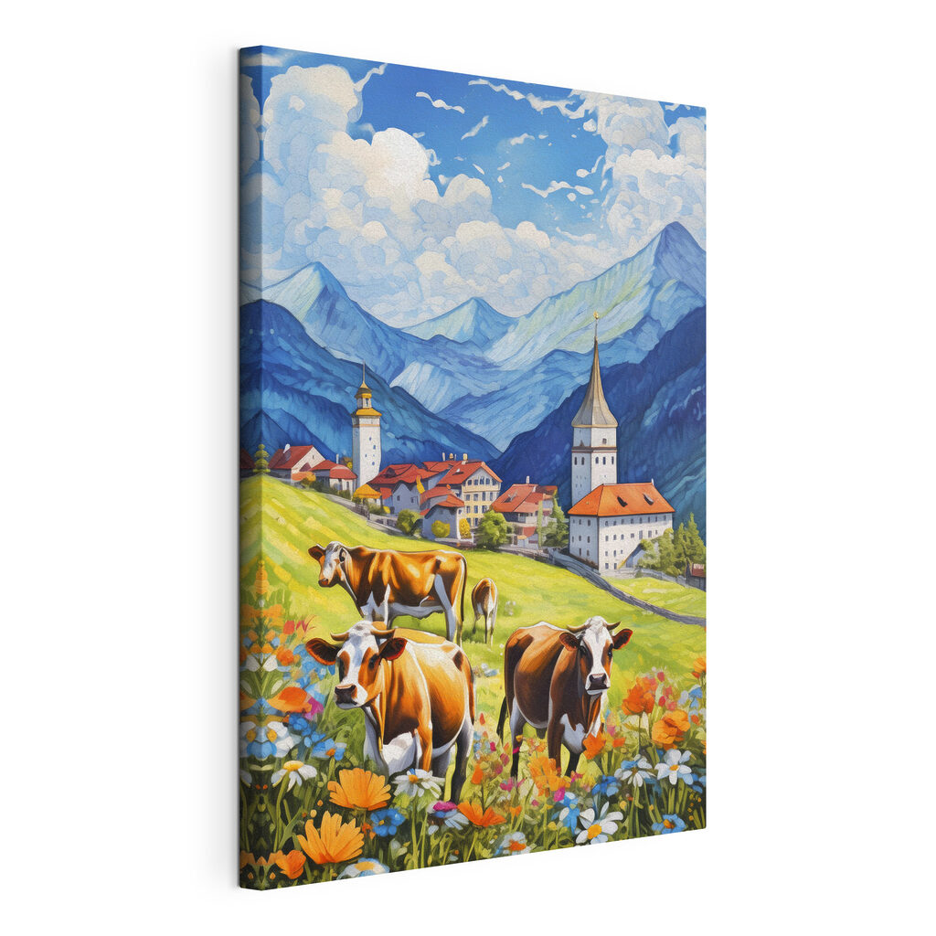 Cows in a field with mountains and flowers Cows in a field with mountains and flowers
