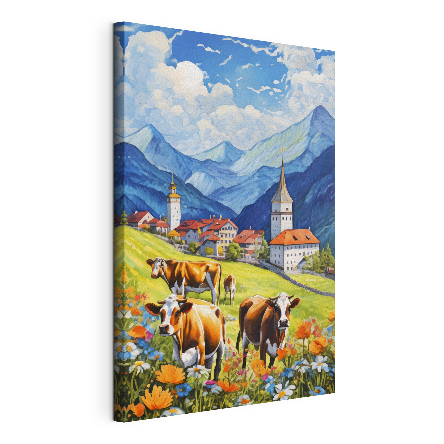 Cows in a field with mountains and flowers Cows in a field with mountains and flowers