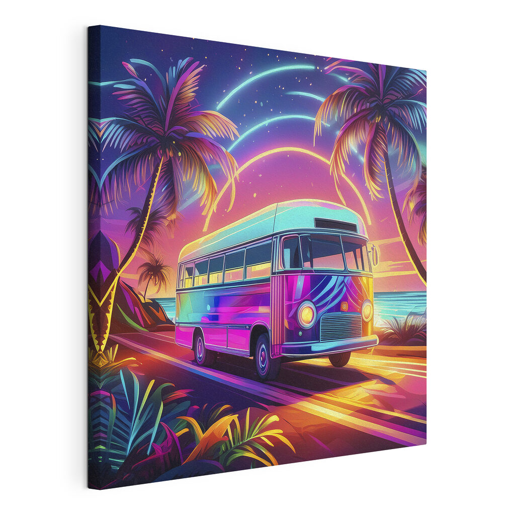 A bus on a road with palm trees and a sunset A bus on a road with palm trees and a sunset