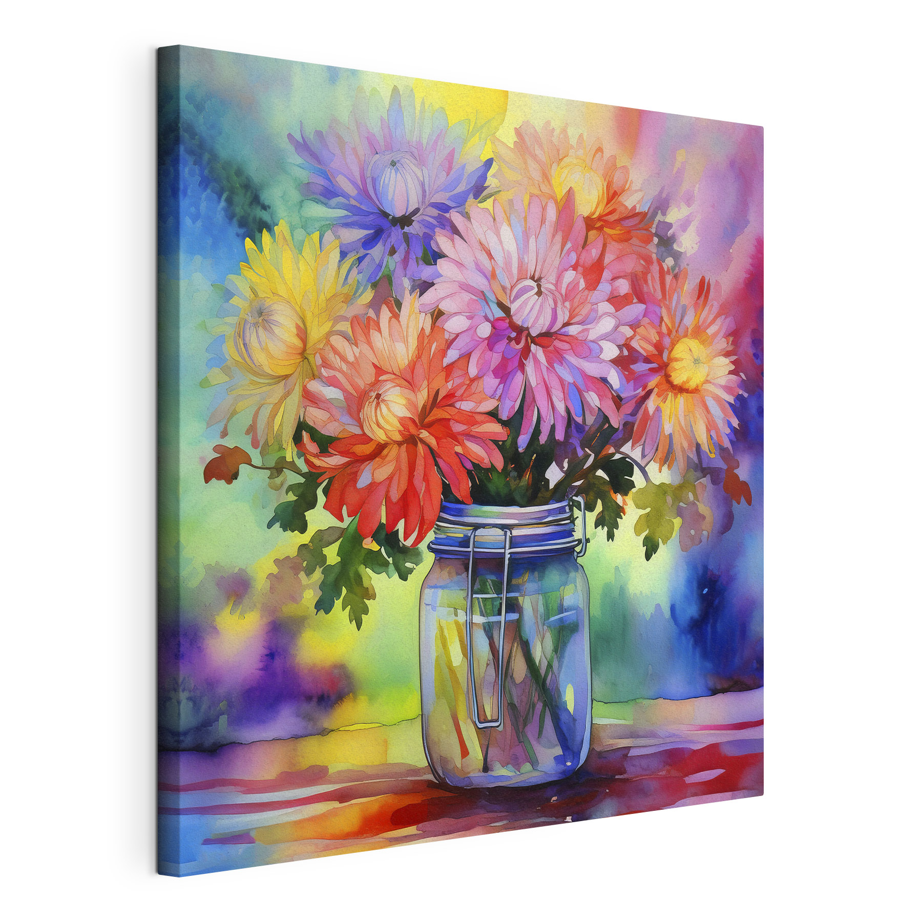 A watercolor painting of flowers in a jar