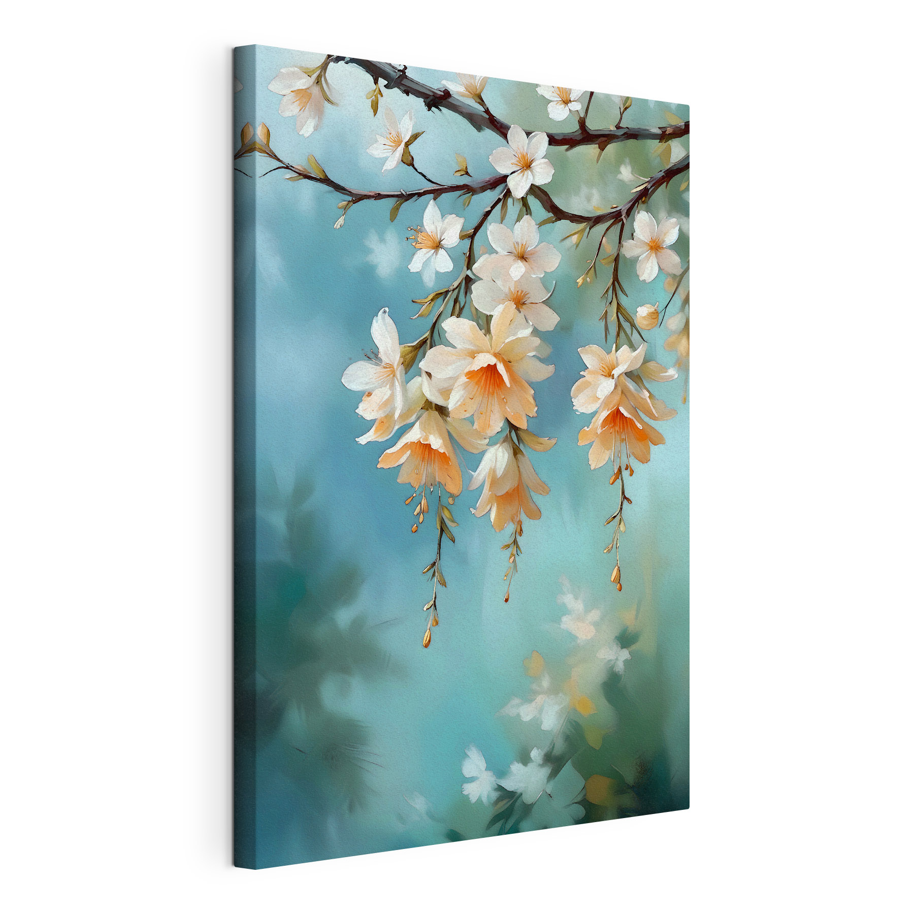 A painting of flowers on a branch