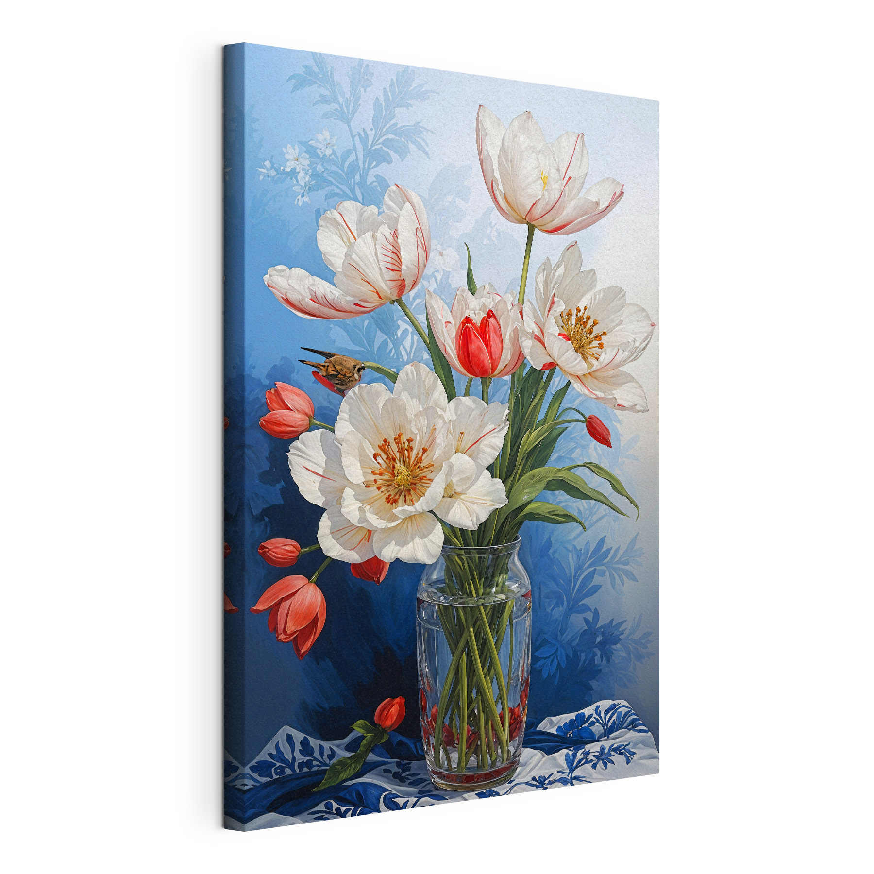 A vase of flowers with a bird on it