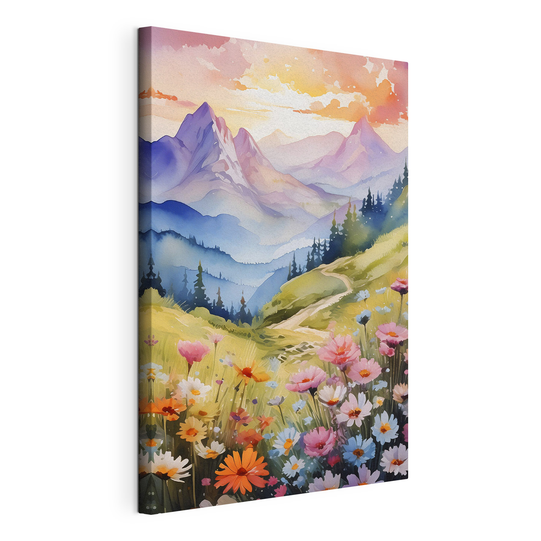 A painting of a mountain landscape with flowers and trees