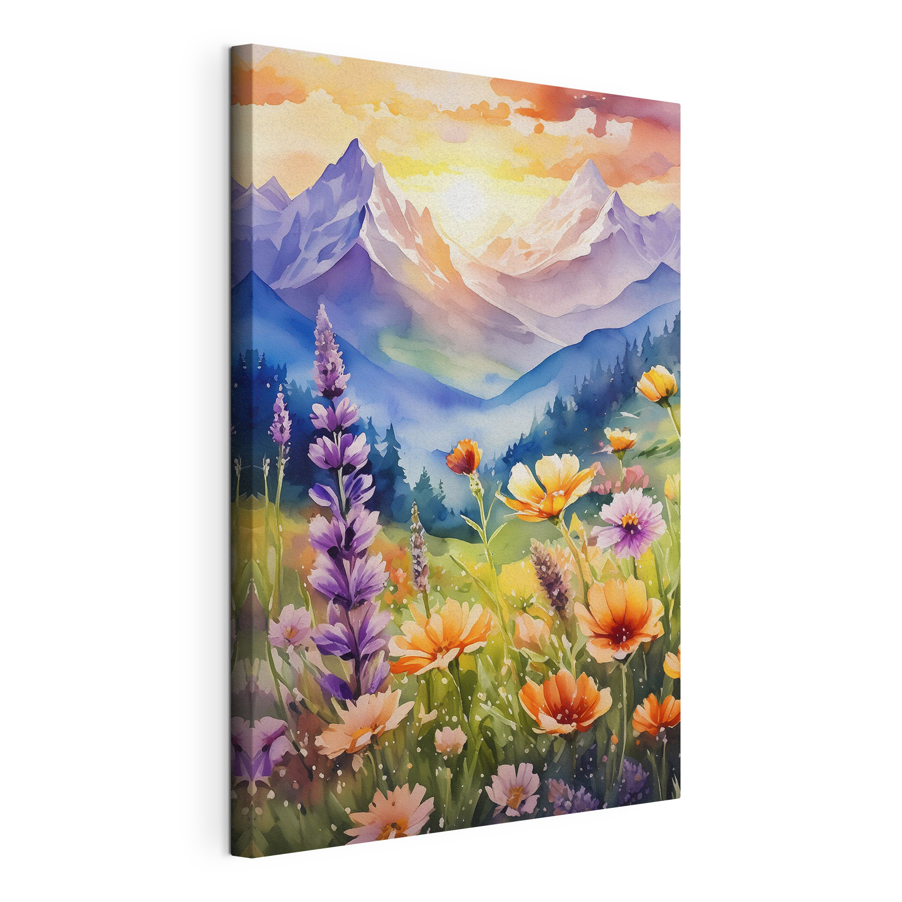 A painting of flowers in a mountain A painting of flowers in a mountain