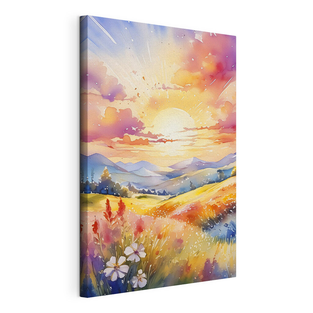 A painting of a landscape with mountains and flowers A painting of a landscape with mountains and flowers