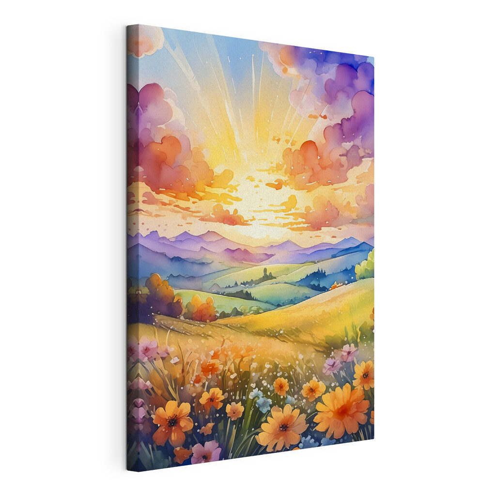 A painting of a landscape with mountains and flowers A painting of a landscape with mountains and flowers