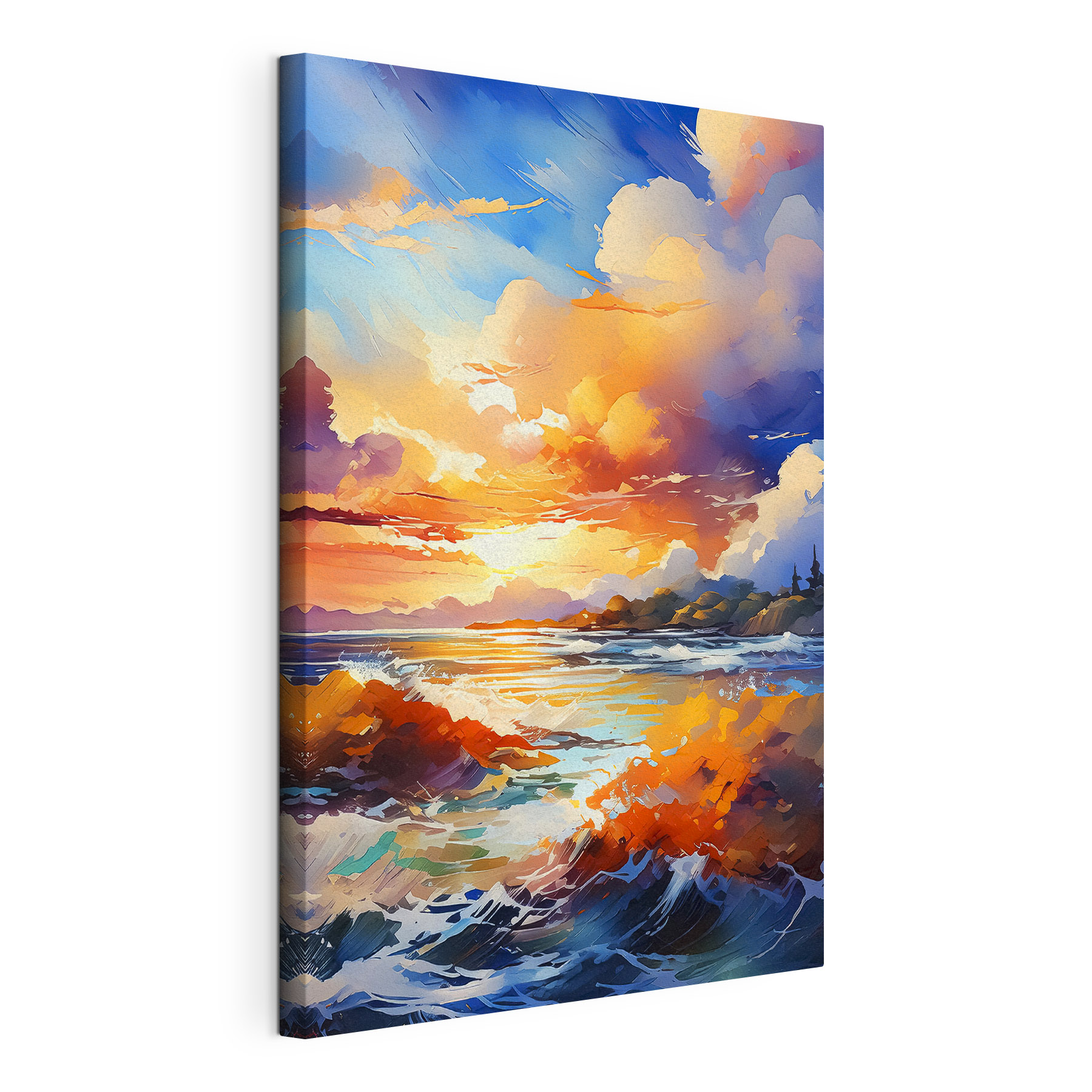 A painting of a beach with a sunset A painting of a beach with a sunset