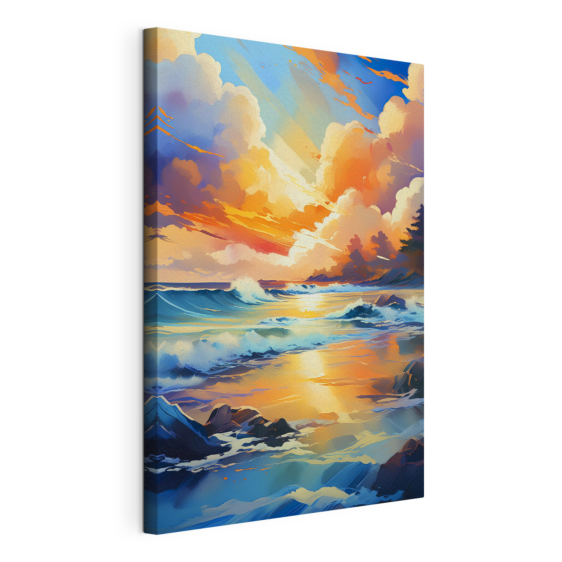 A painting of a beach with waves and rocks