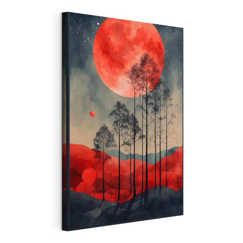 A painting of trees and a red moon A painting of trees and a red moon