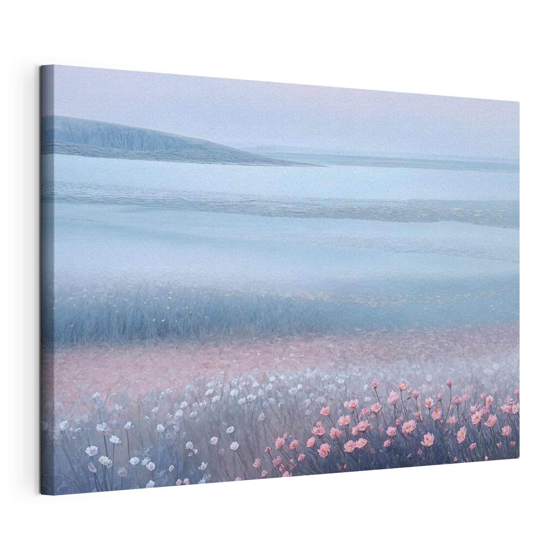 A field of flowers by a body of water A field of flowers by a body of water