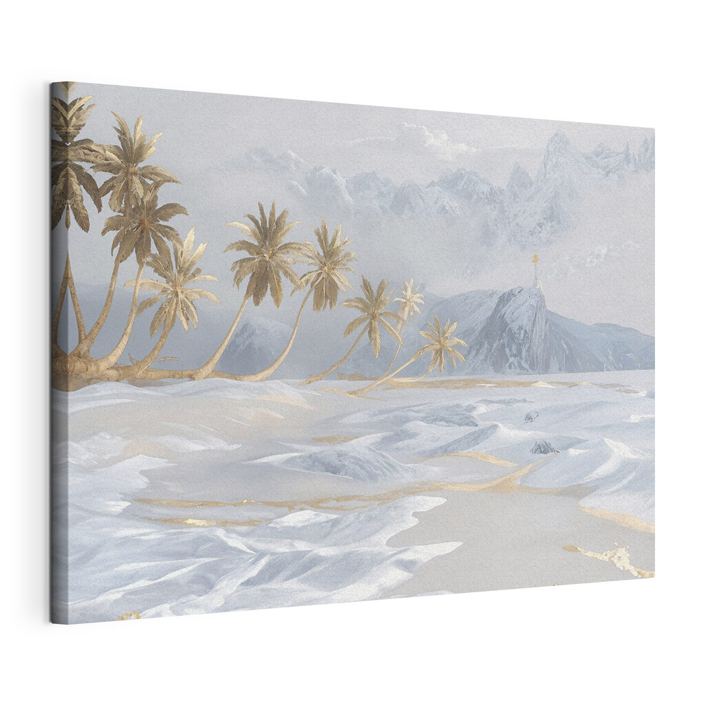 A snowy landscape with palm trees