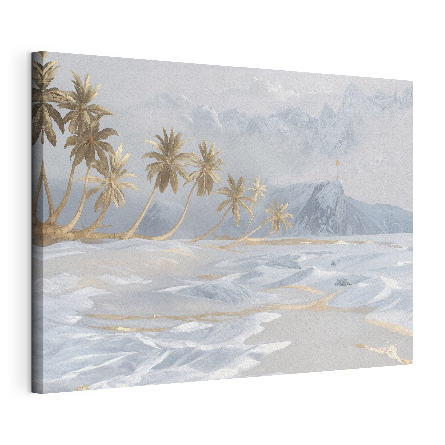 A snowy landscape with palm trees