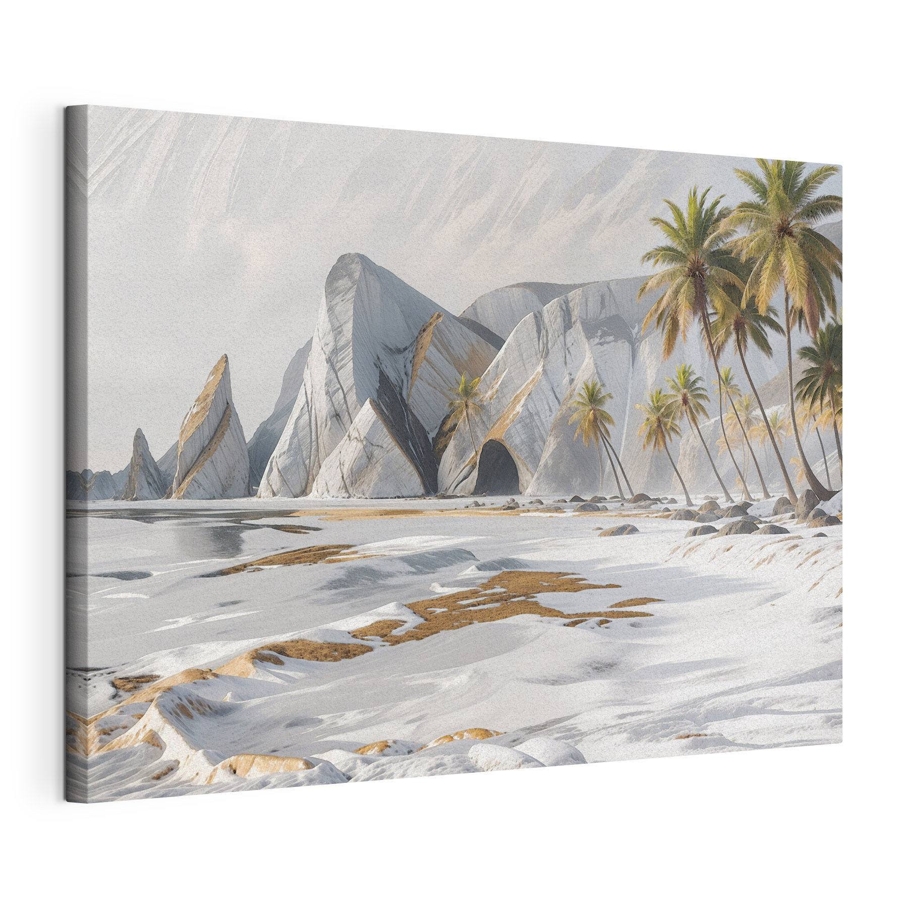 A snowy beach with palm trees and mountains A snowy beach with palm trees and mountains