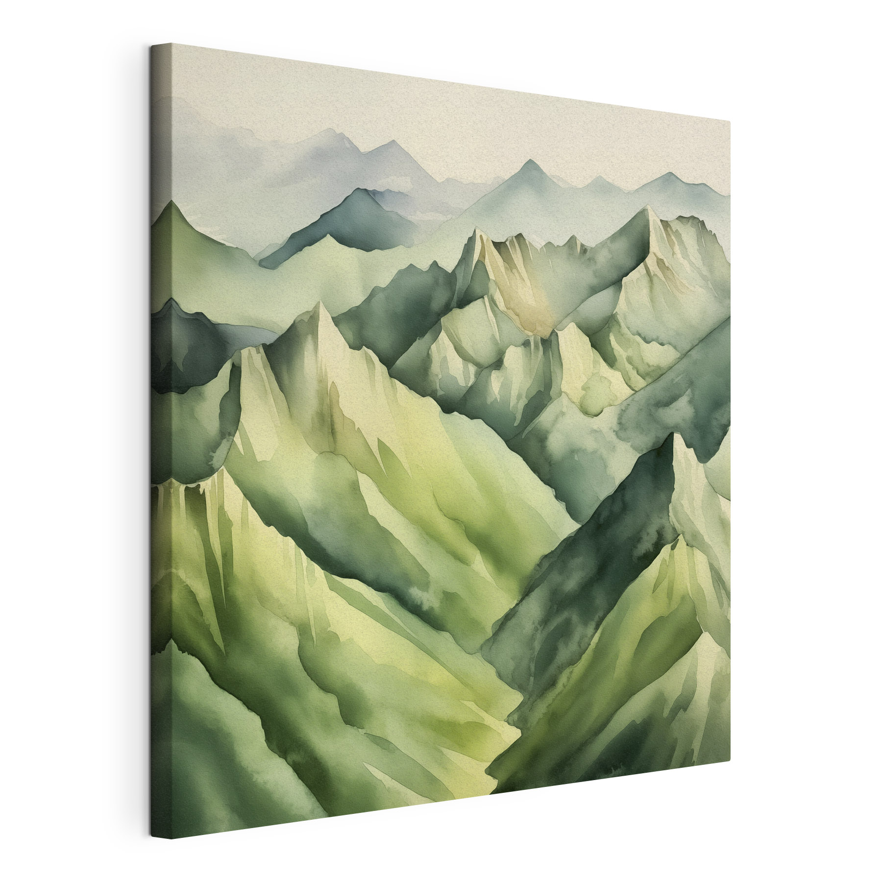A painting of mountains with fog