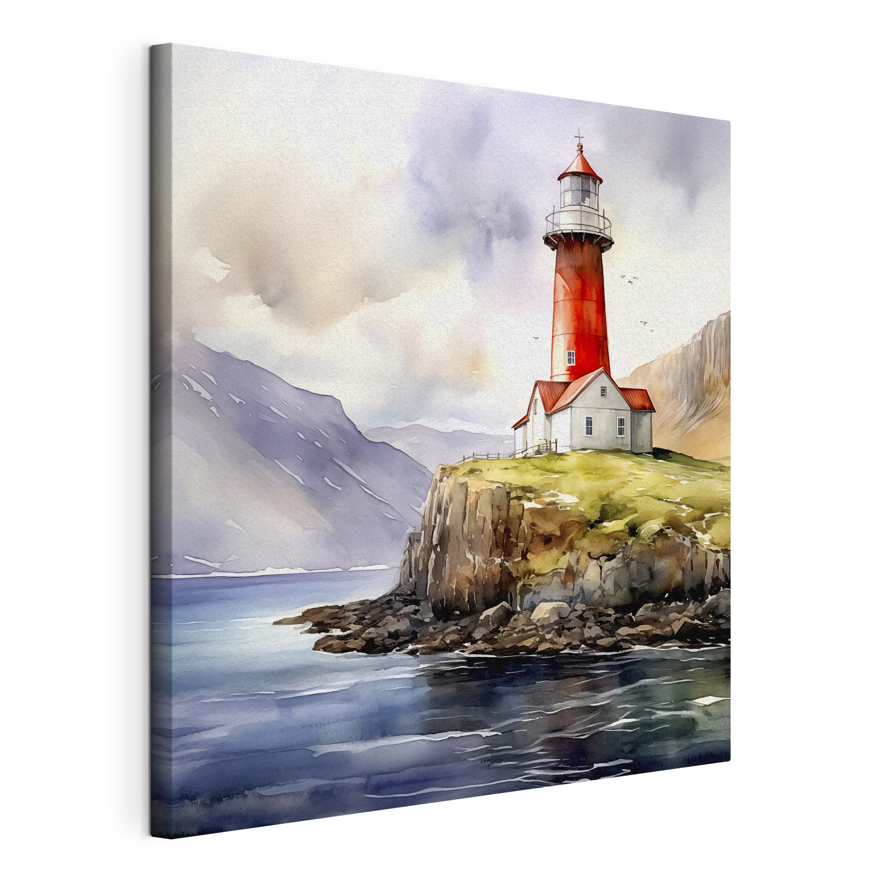 A watercolor painting of a lighthouse on a cliff A watercolor painting of a lighthouse on a cliff