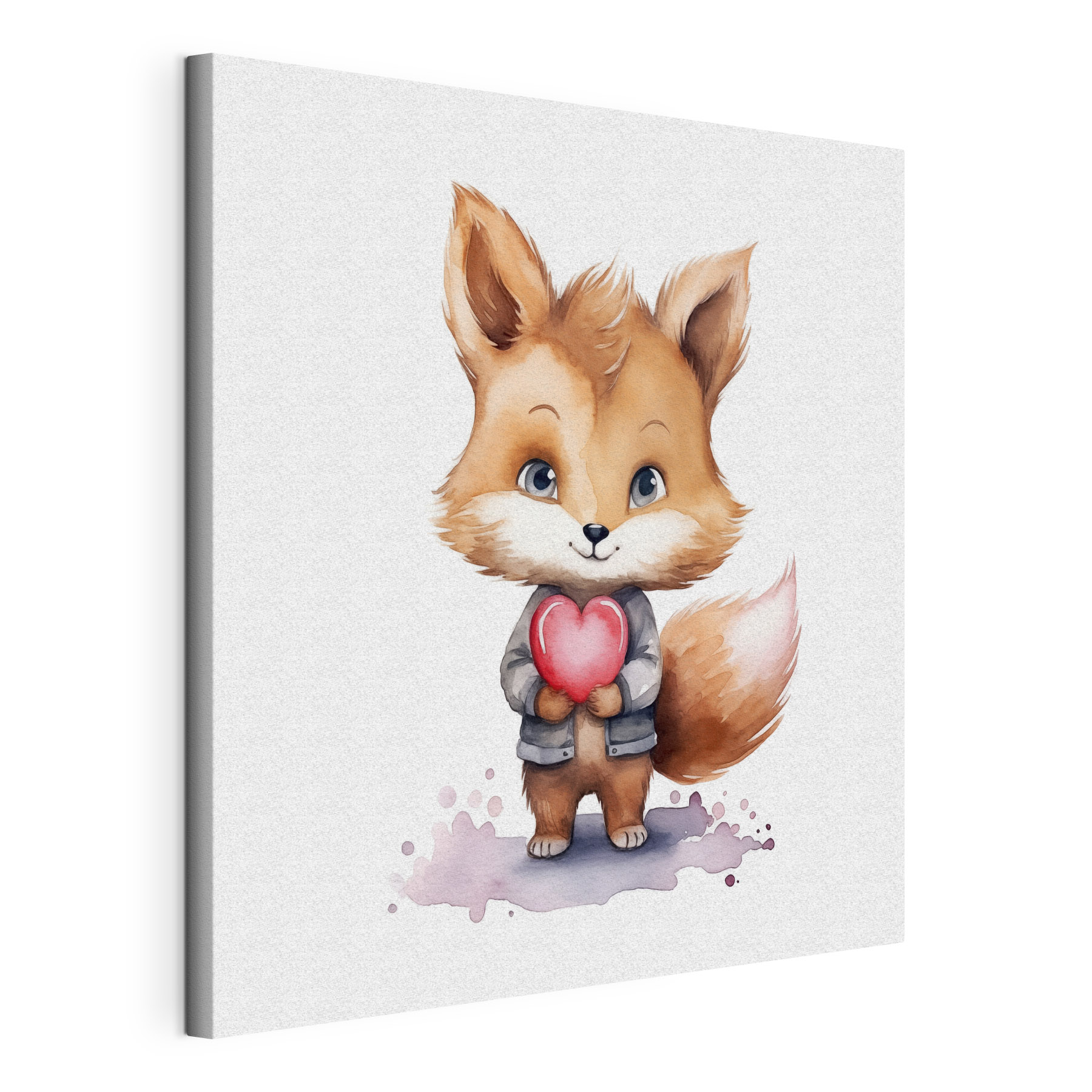A watercolor of a fox holding a heart
