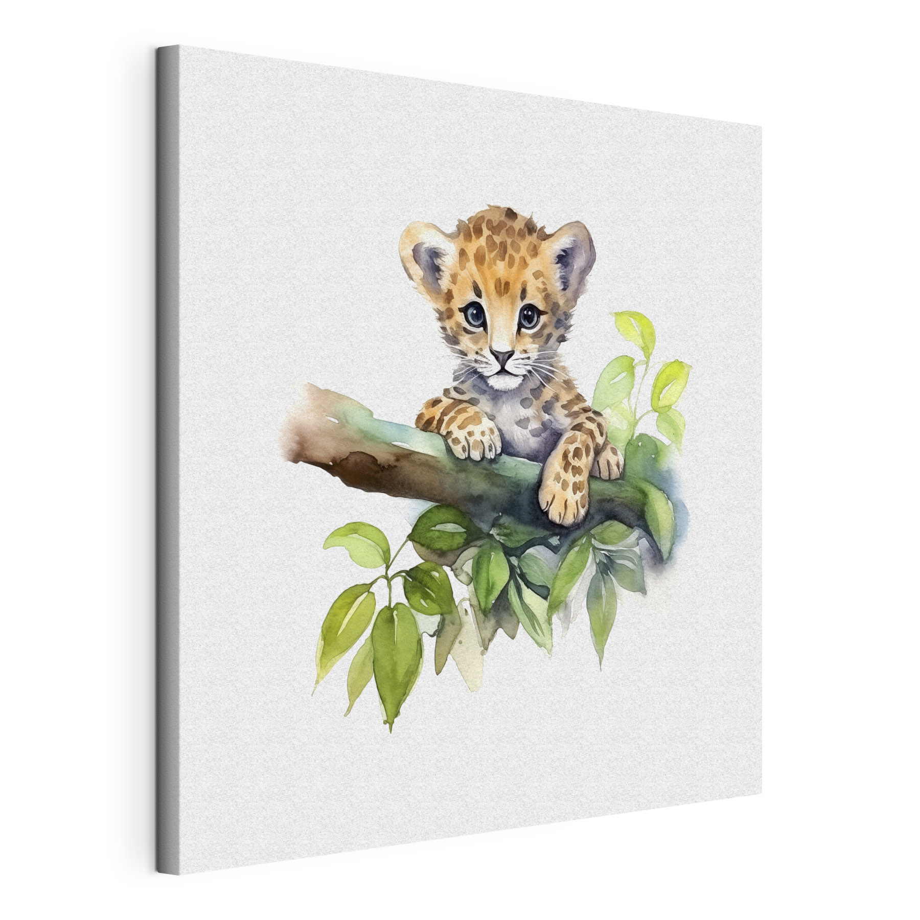 A watercolor of a baby leopard on a tree branch A watercolor of a baby leopard on a tree branch