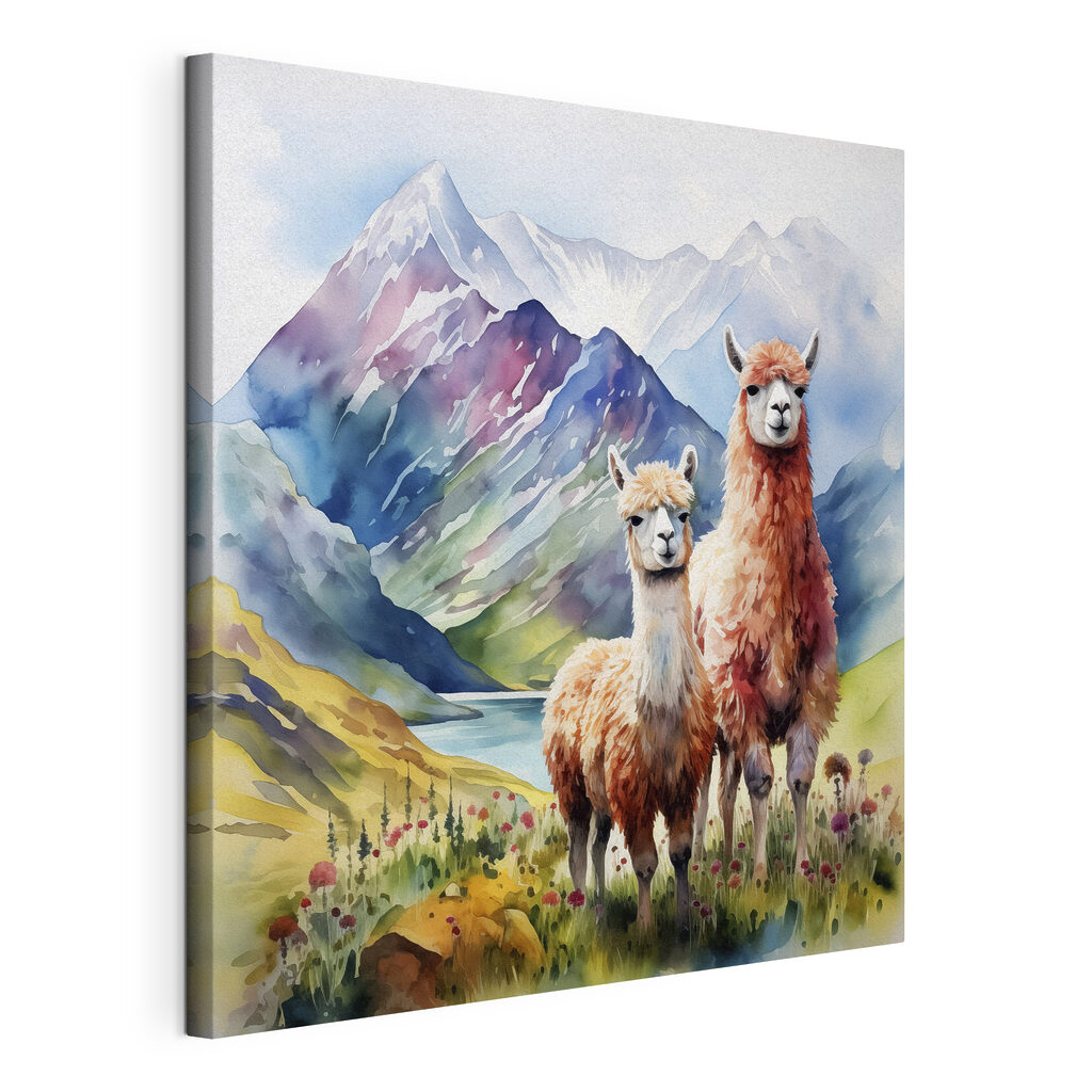 Watercolor painting of llamas in front of mountains and water Watercolor painting of llamas in front of mountains and water