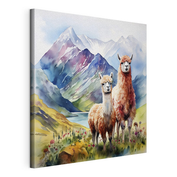 Cuadros Pintura en acuarela de llamas frente a las montañas y el agua (SKU: s38934) Cuadros Cuadros Pintura en acuarela de llamas frente a las montañas y el agua (SKU: s38934)