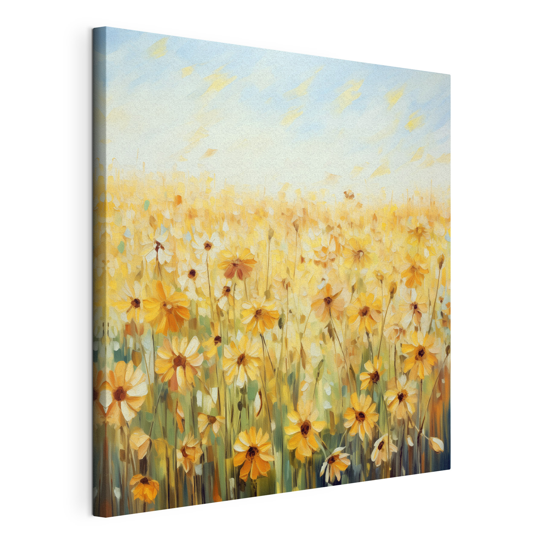 A painting of a field of yellow flowers