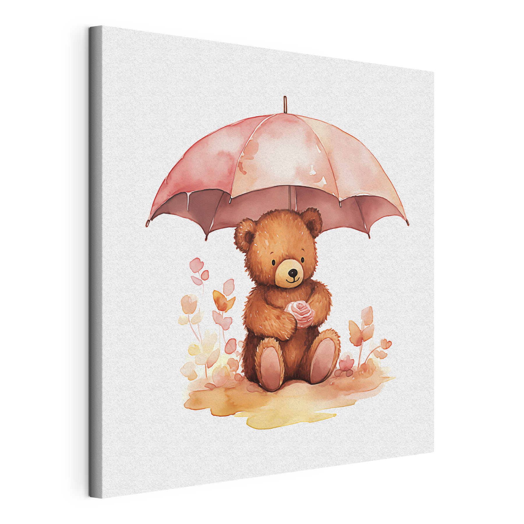 A watercolor of a teddy bear holding a flower under an umbrella A watercolor of a teddy bear holding a flower under an umbrella