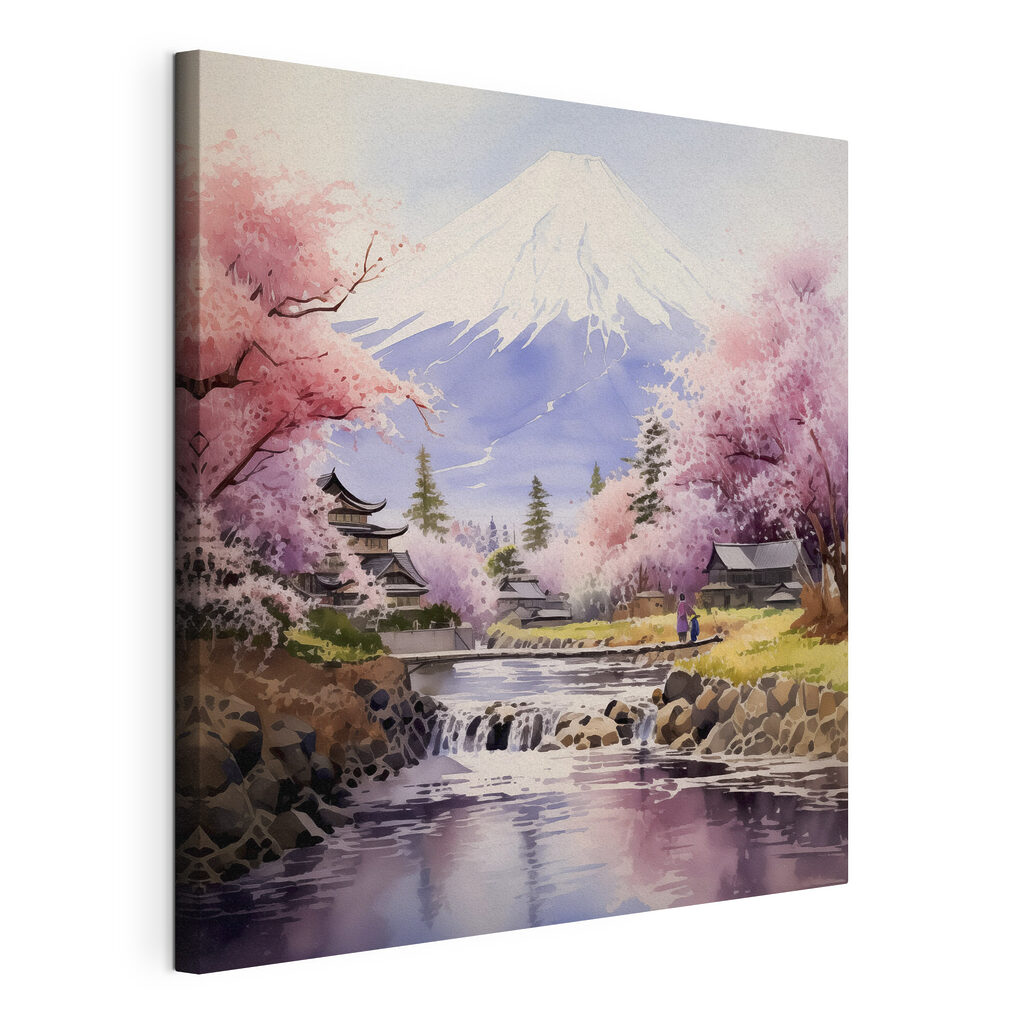 A watercolor of a river with a mountain in the background A watercolor of a river with a mountain in the background