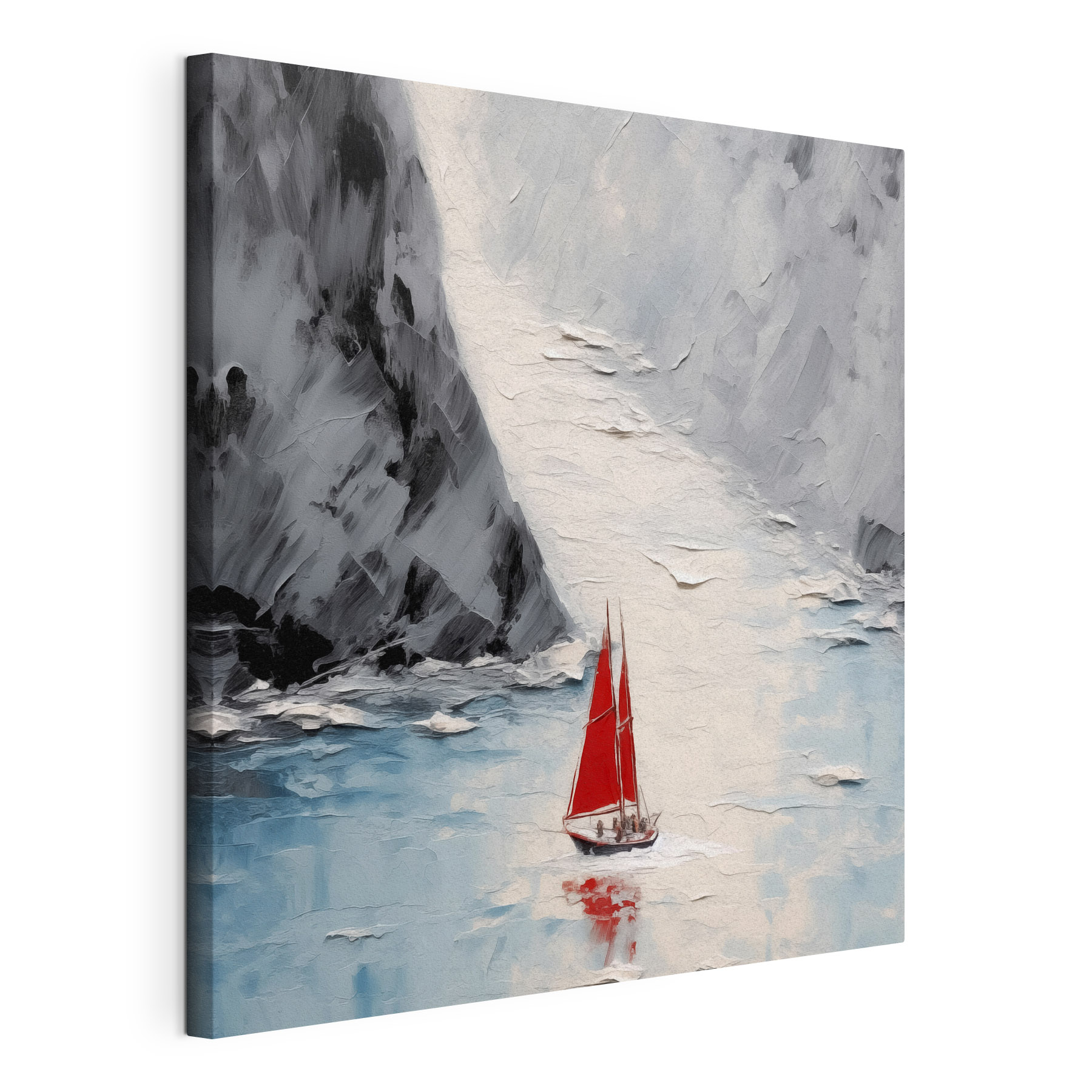A painting of a sailboat in a body of water
