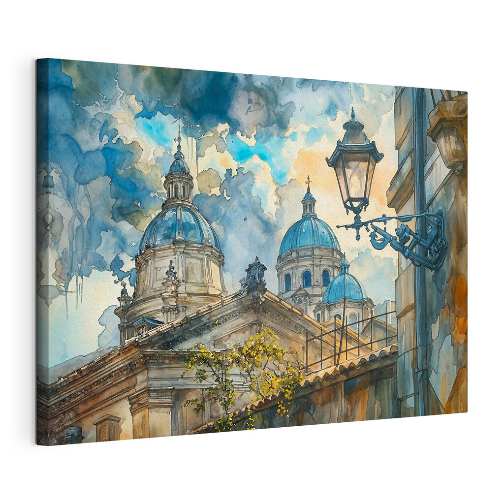 A watercolor painting of a building with domes and a street light A watercolor painting of a building with domes and a street light