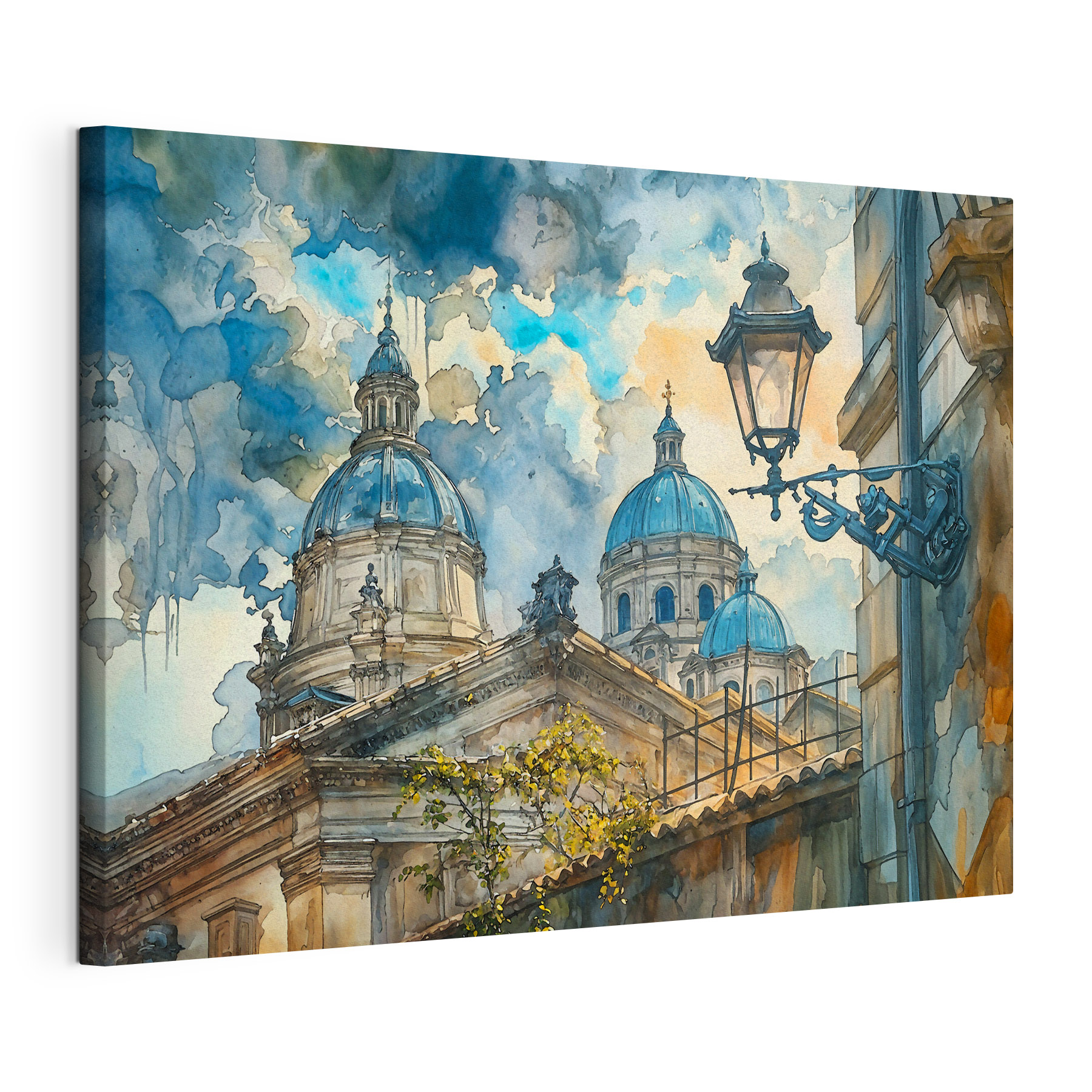 A watercolor painting of a building with domes and a street light A watercolor painting of a building with domes and a street light