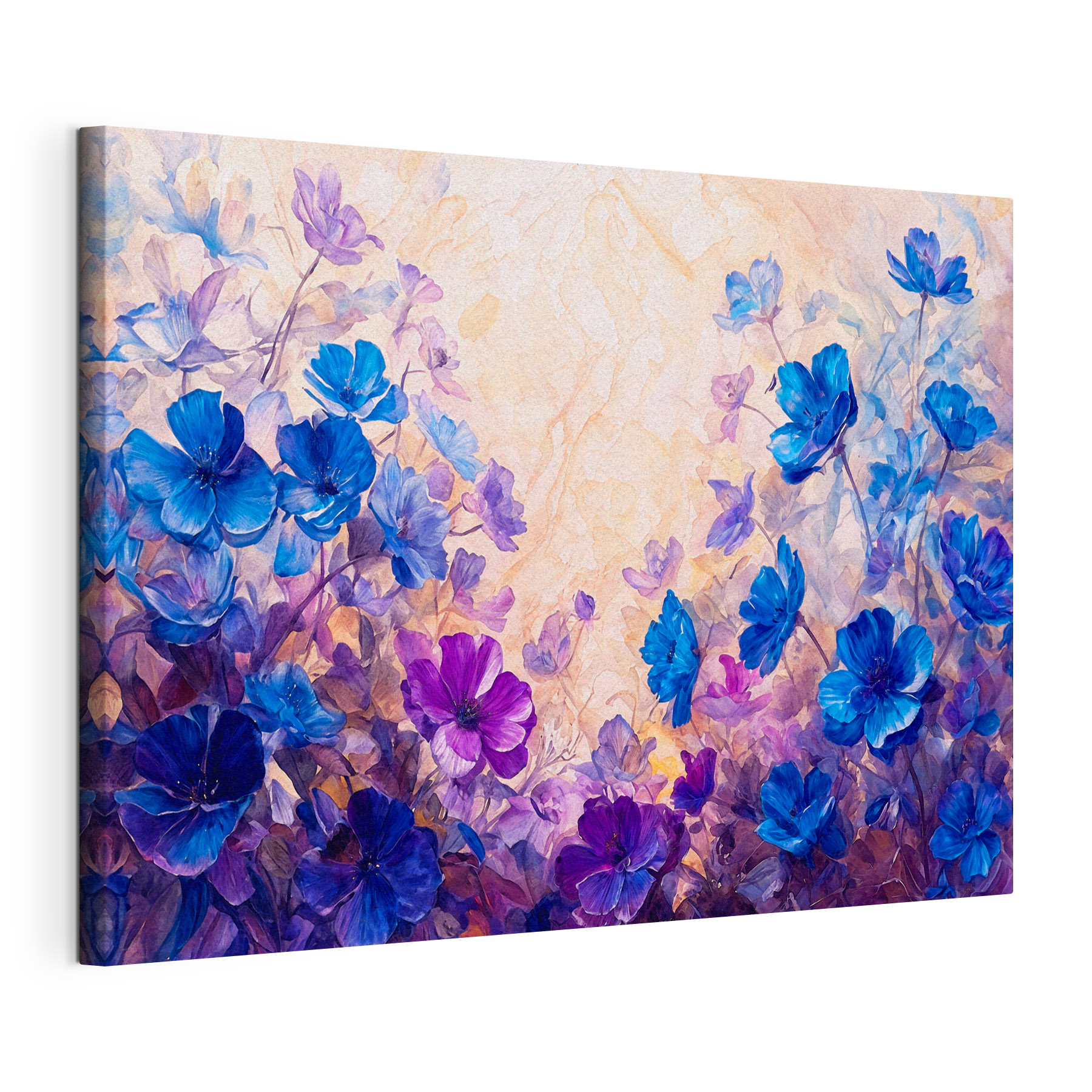 A painting of blue and purple flowers A painting of blue and purple flowers