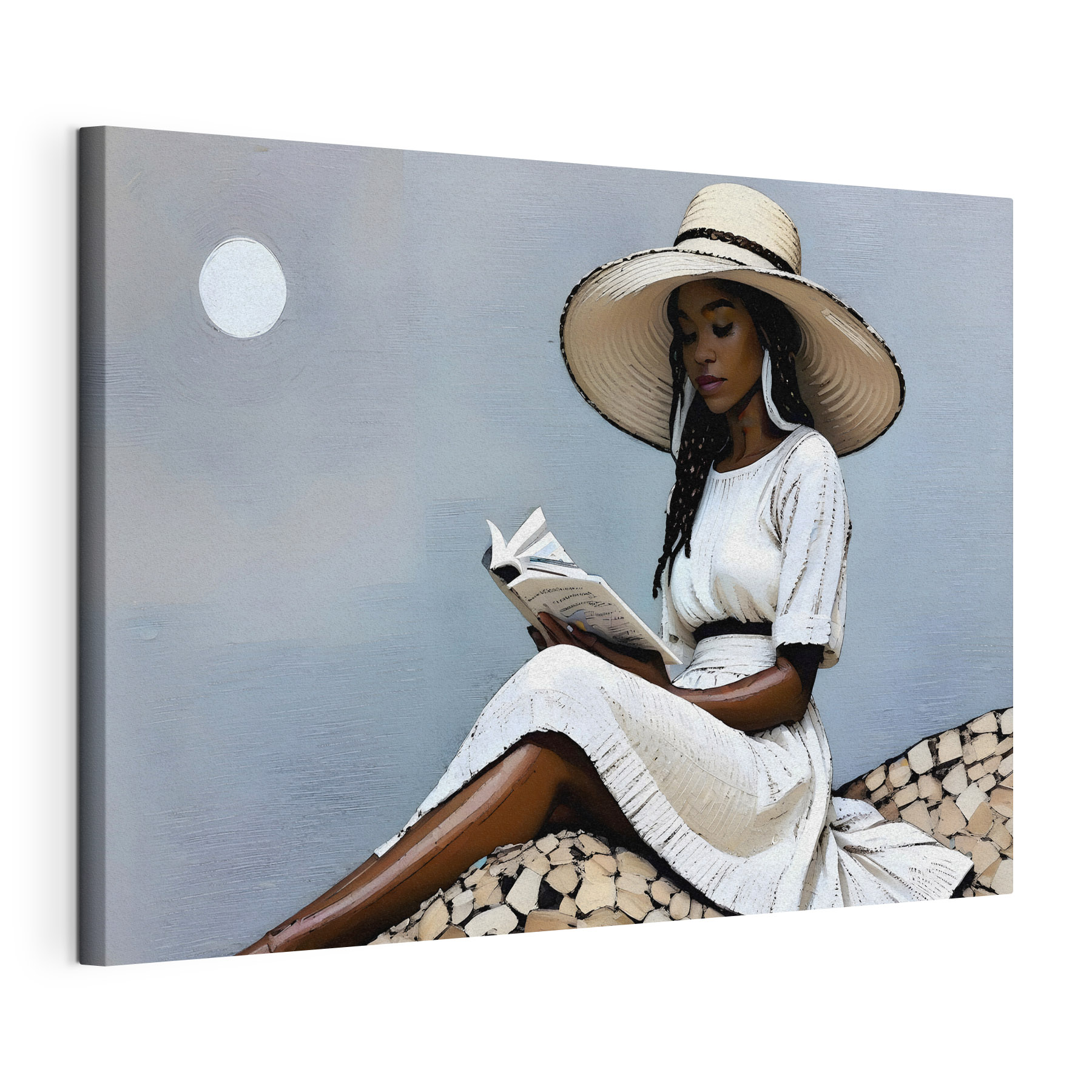 A woman in a white dress and hat reading a book