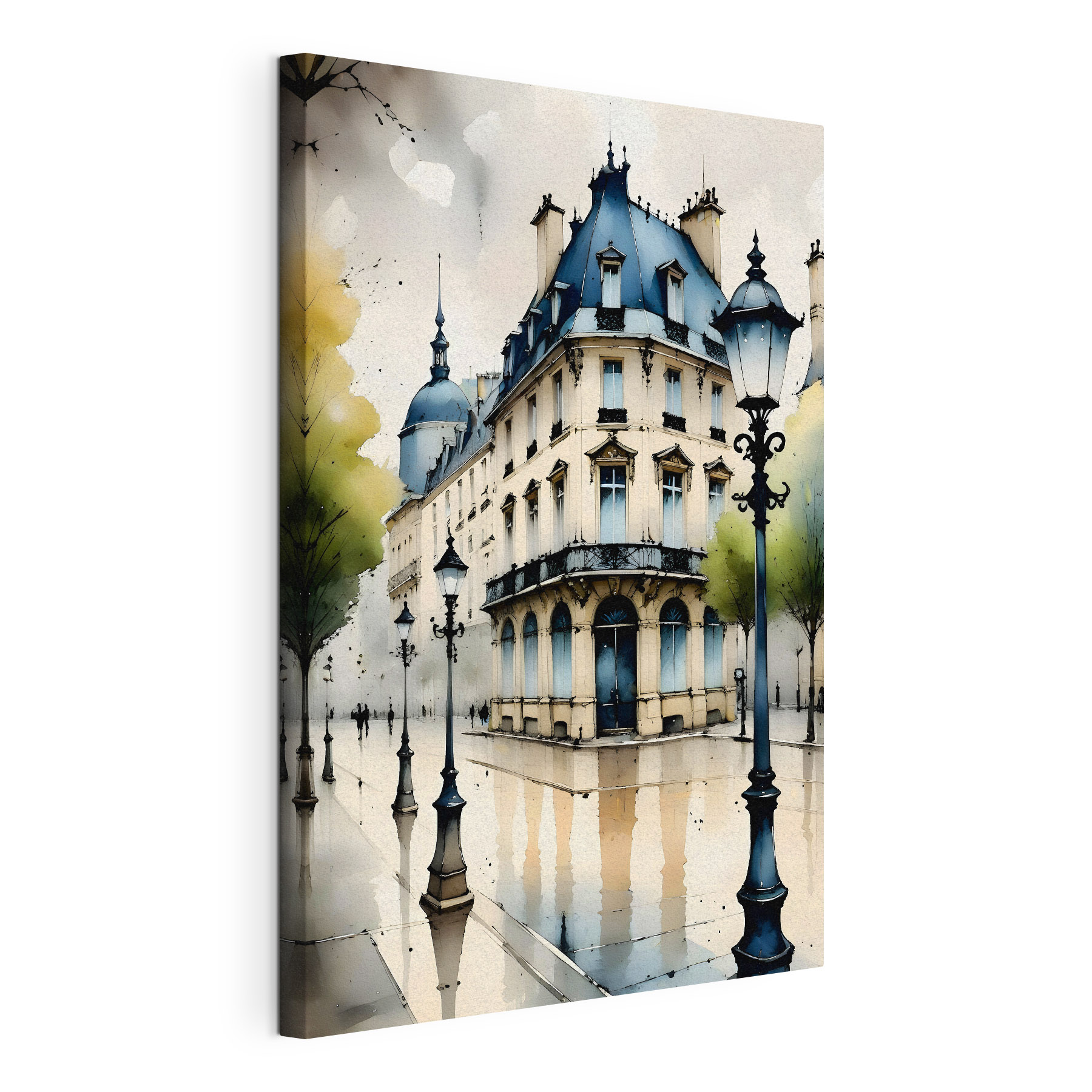 A painting of a building with a blue roof A painting of a building with a blue roof
