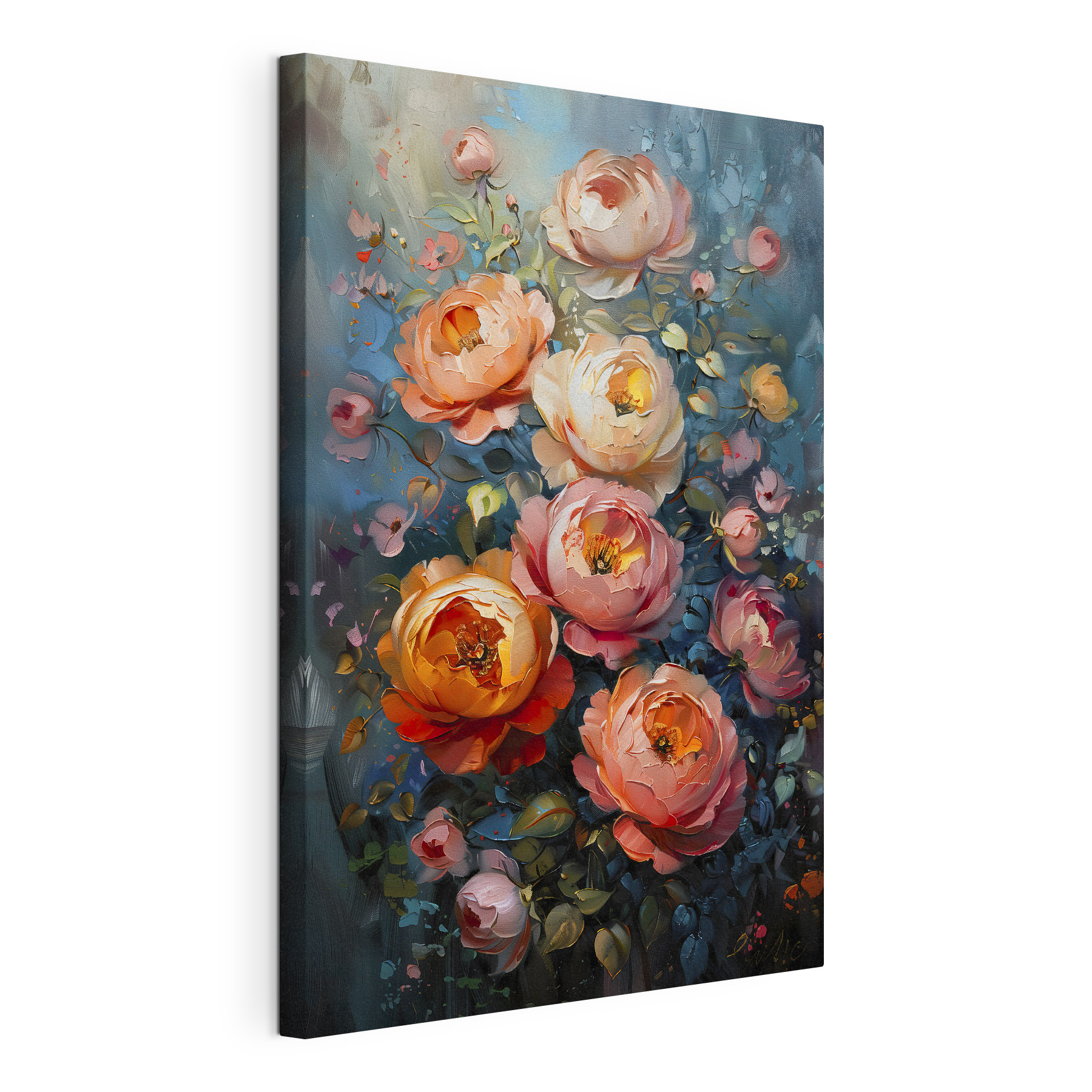A painting of flowers on a blue background