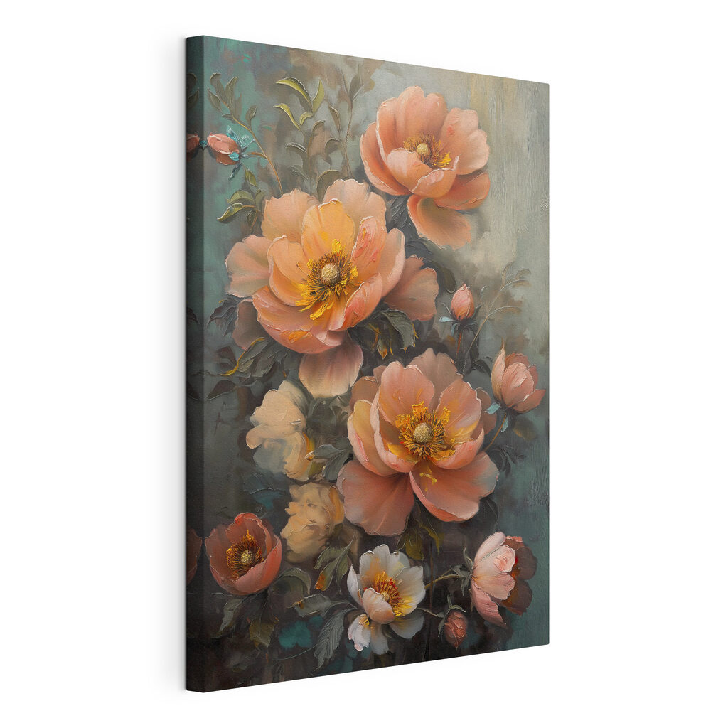 A painting of flowers on a blue background A painting of flowers on a blue background