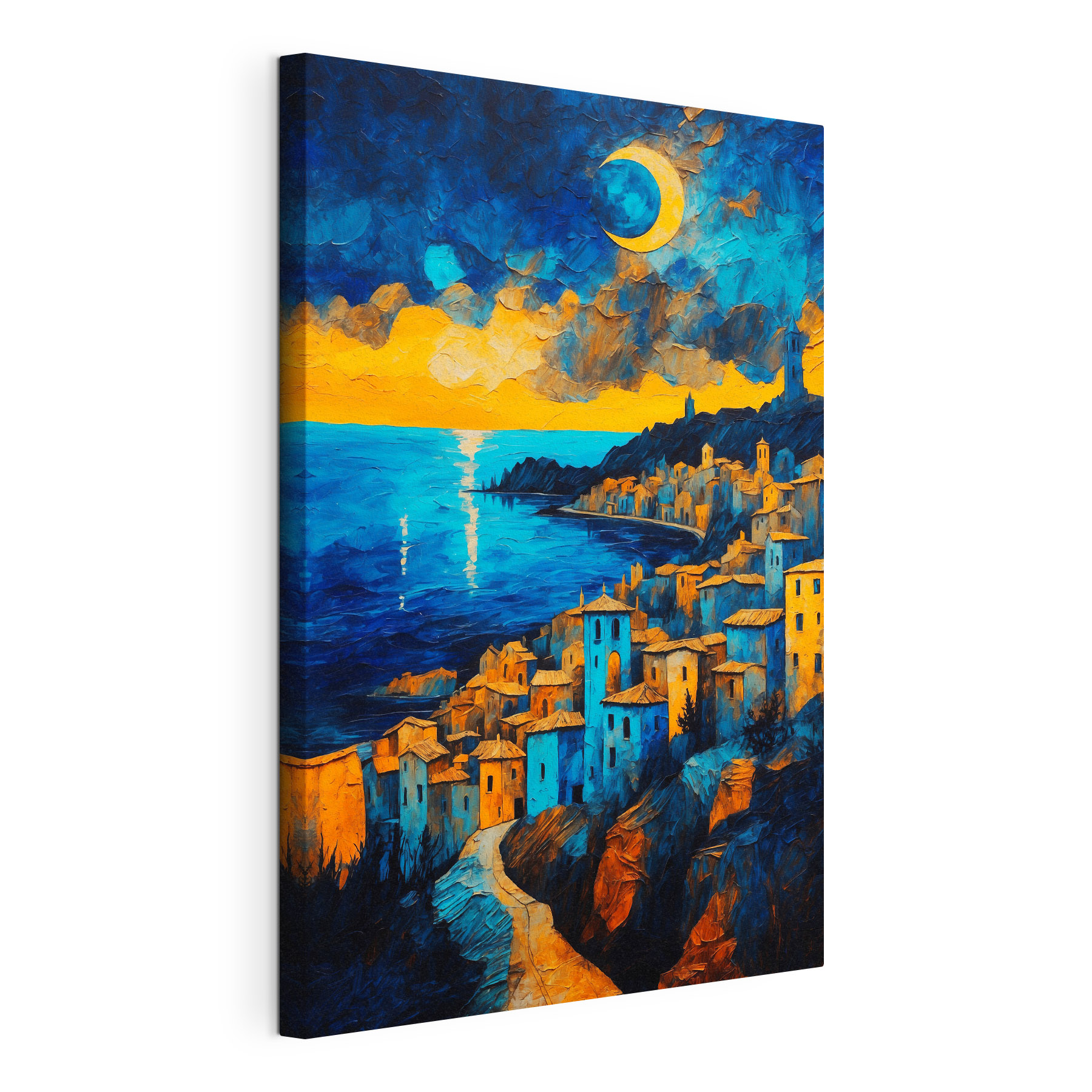 A painting of a city by the water A painting of a city by the water