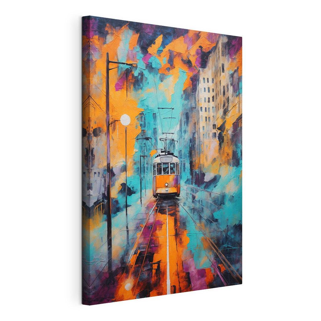 A painting of a trolley on a street A painting of a trolley on a street