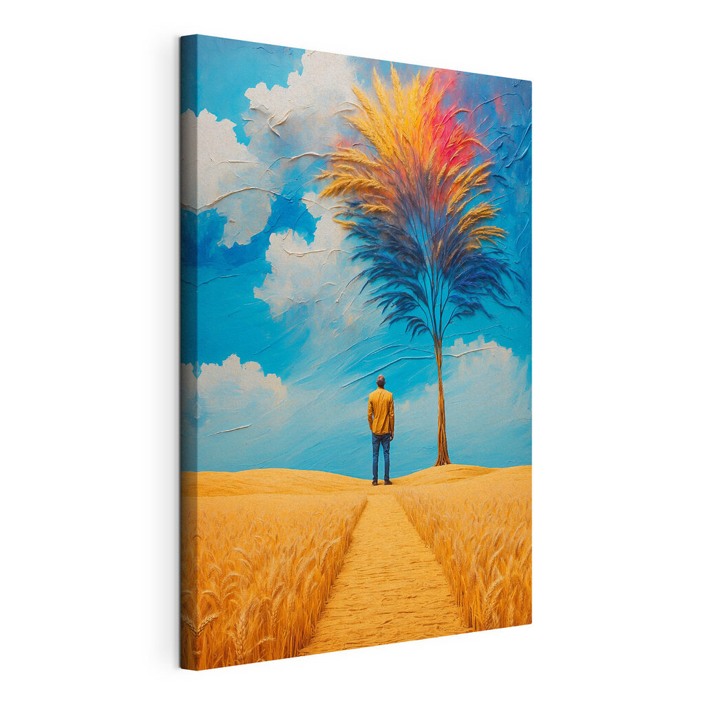 A man standing in a field with a tree and blue sky A man standing in a field with a tree and blue sky